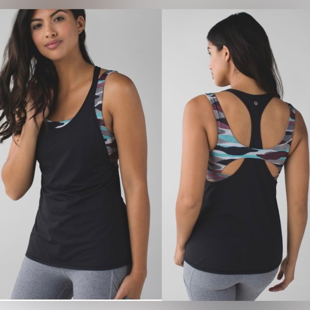 Lululemon All Sport Support Tank w/ Built In Bra Black Camo Multi Size 2 Purple